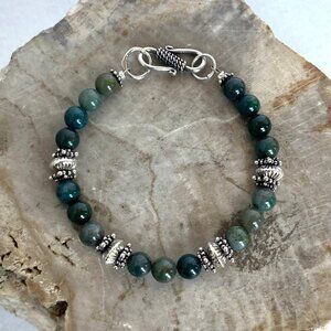 Sterling Silver 925 Round Green Moss Agate Beaded Bracelet Sz 6.75"